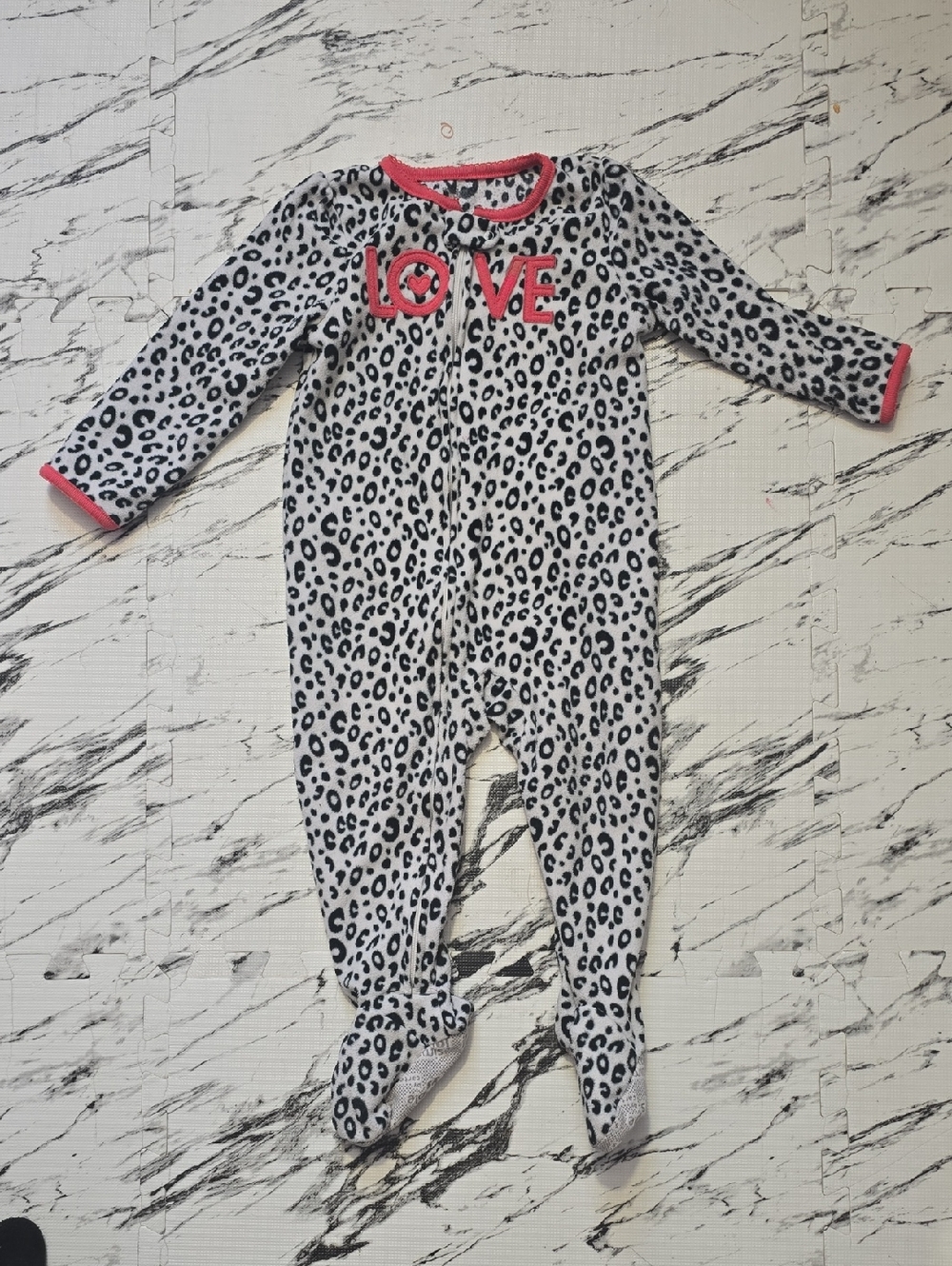 Leopard Print Footed Pajamas with LOVE Accent - White/Pink
